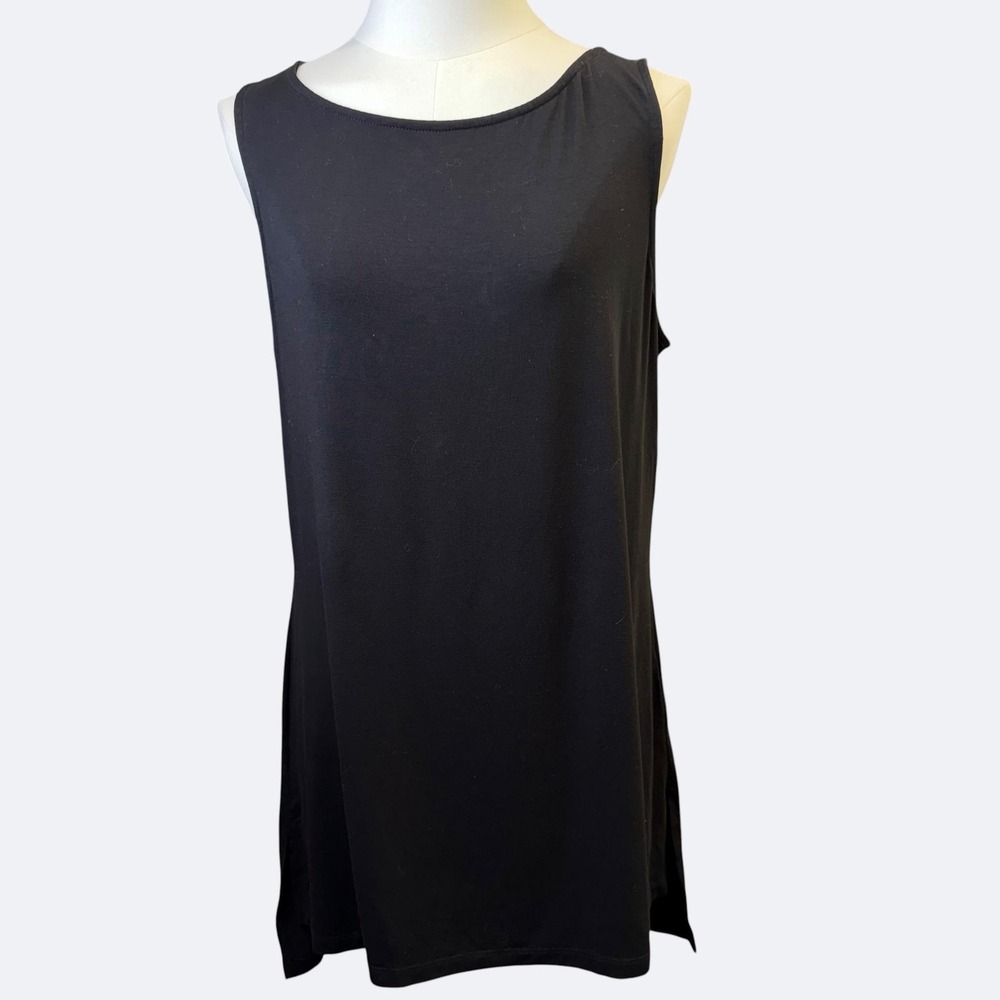 Eileen Fisher Tank Tunic Top Womens XS Black Scoop Neck Tencel Jersey Sleeveless